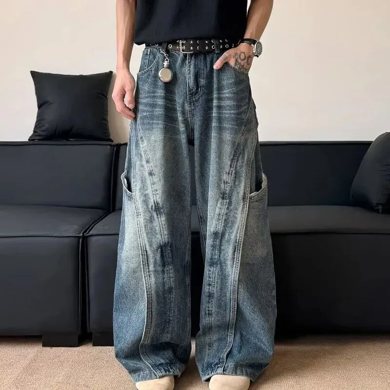 Korean Version Men'S Curved Knife Jeans With Loose Retro Design Straight Leg Pants Casual Large Pocket Wide Leg Pants — image 7