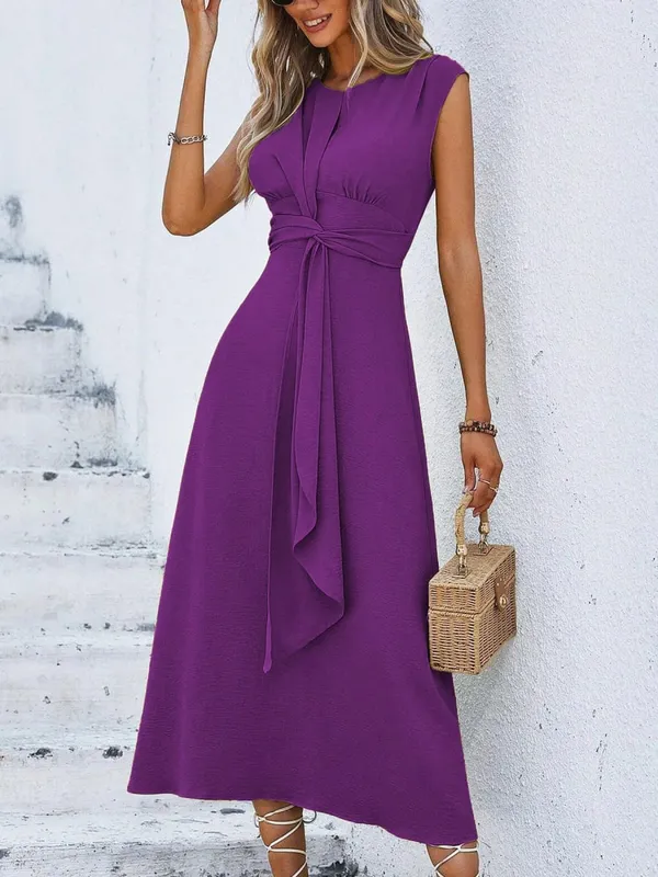 Women's Solid Color A-Line Dress Sleeveless Front Thin Straps Elegant Belted Midi Dress for Summer — image 10