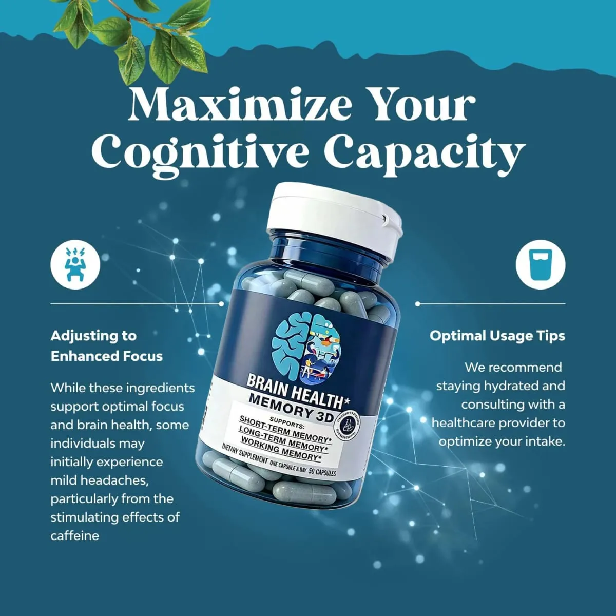 Memory 3D Brain Supplements for Memory and Focus Vitamin B12 & B6 Folic Acid 50 Count Capsules — image 3