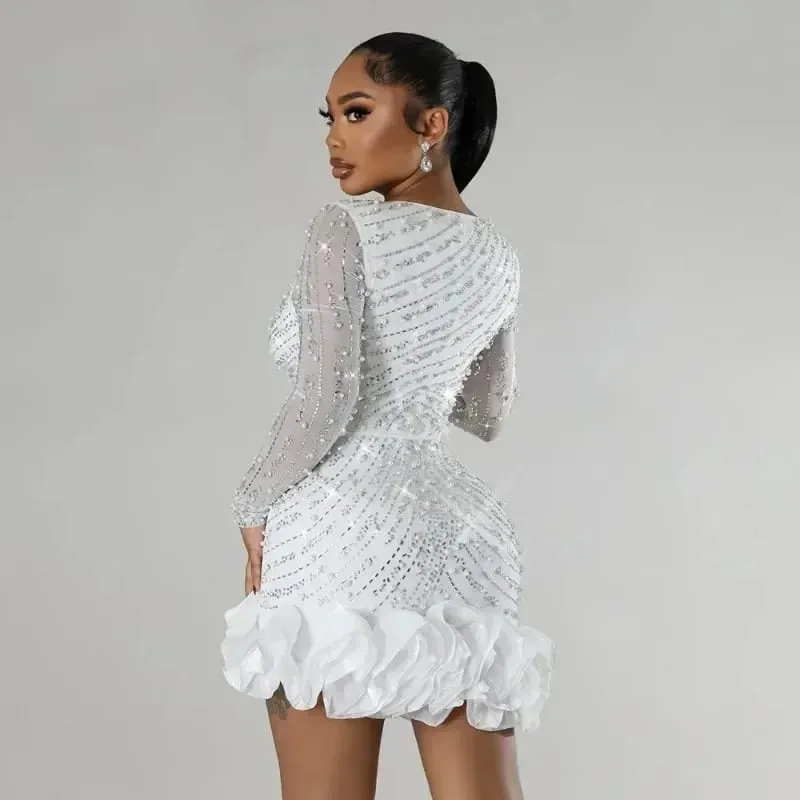 2025 Party Dresses Beading Diamond Long Sleeves Ruffles para sa mga kababaihan Makintab Elegant Wedding Guest Gown Okasyon Ipagdiwang ang Kaarawan — image 5