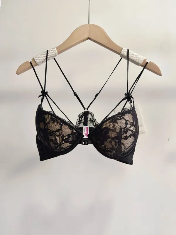 Fashion Elegant Floral Lace Front Snap Matching Lingerie Set Wireless Slim Shoulder Straps Cutout Beauty Back Small Bust MOYISU