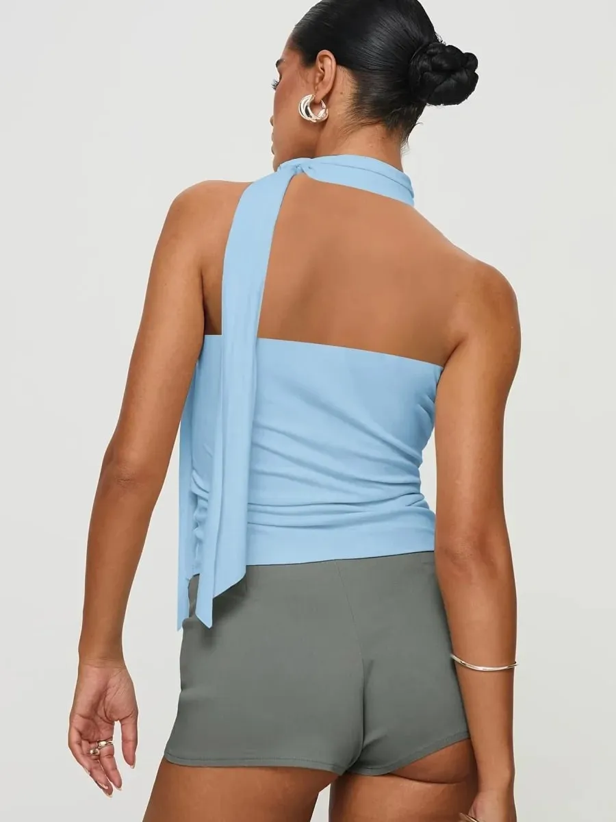 Women Solid Color Halter Neck Tie Detail Sleeveless Top Summer Casual Y2K Street Style Slim fit Crop Top — image 3