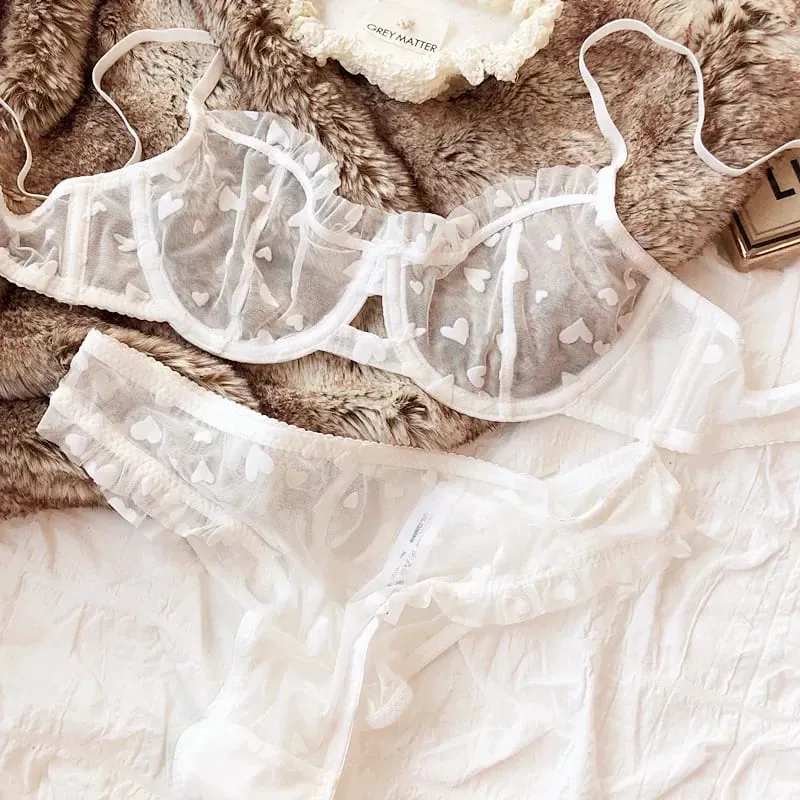 2 peças conjunto de lingerie sexy ultra fino respirável sutiã para mulher push up sutiã conjunto verão malha romântico pêssego coração íntimos — image 13