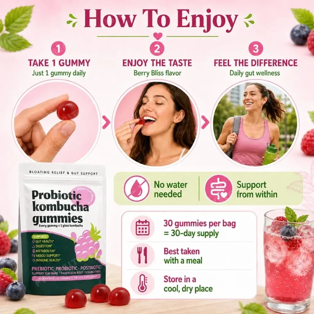 Probiotic Kombucha Gummies Berry 30 Ct Prebiotic Postbiotic Gut Health Digestion Bloating Relief Immune Vegan Non-GMO Supplement — image 6