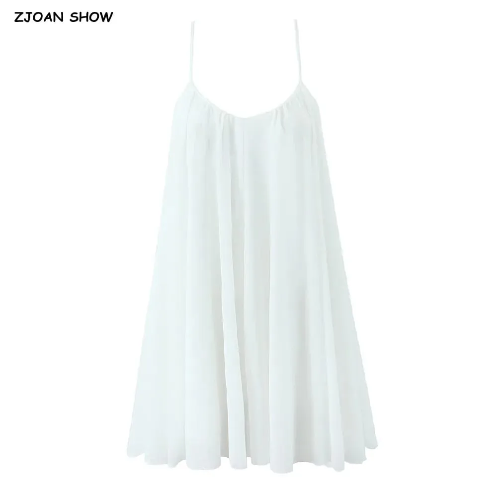 2025 boho feminino branco grande sem costas vestido estilingue o pescoço volta zíper solto balanço mini vestidos curtos férias robe