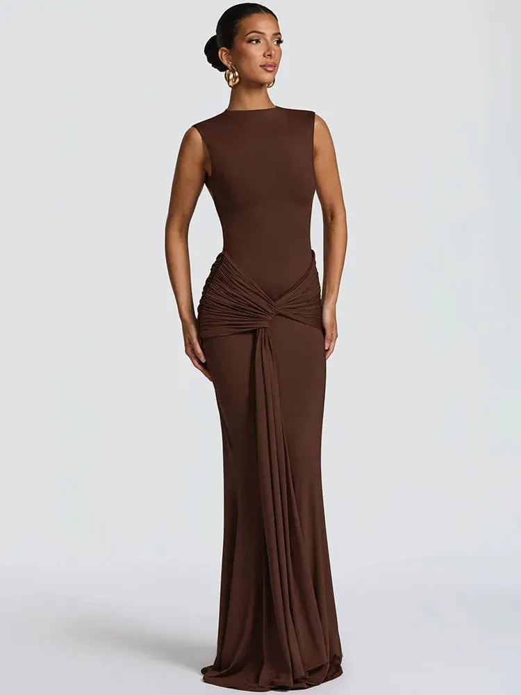 Mozision Backless Draped Ruched Sexy Maxi Dress Women Gown Elegant O Neck Sleeveless High Waist Skinny Club Party Long Dresses