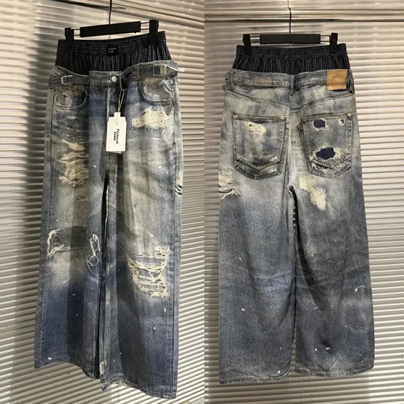 Trend Fashion Street Style Fake Two Piece Double Waist 3D Printed Digital Printed Ripped Baggy Protocol Index Jeans