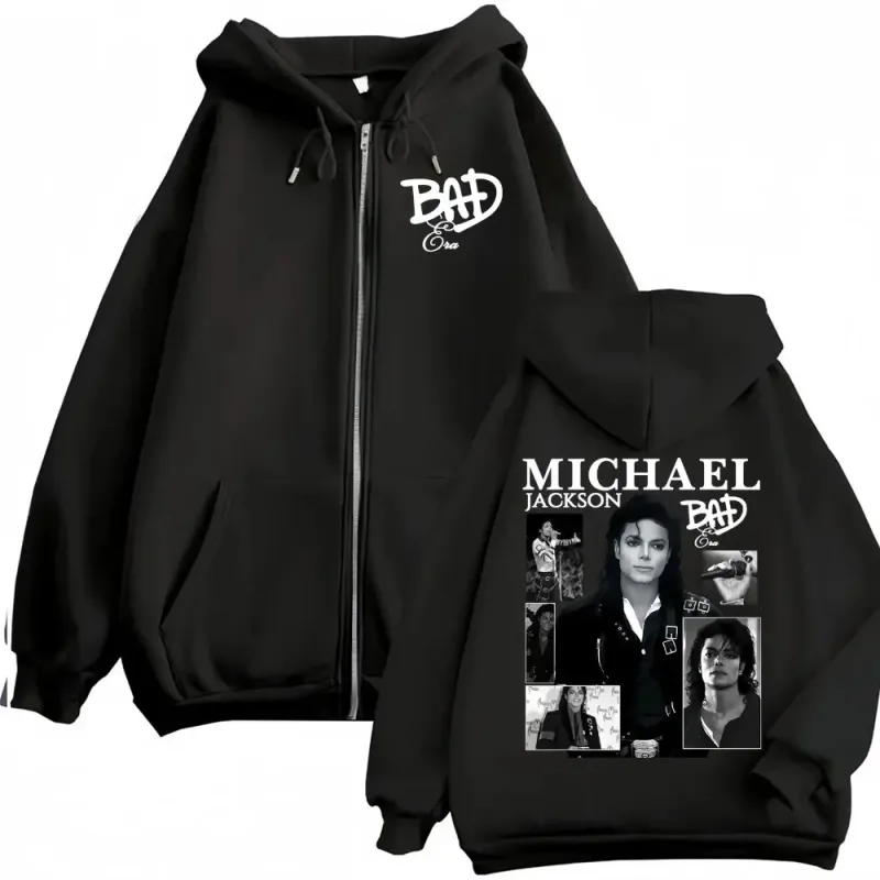 King of Pop Michael Jackson Bad Era Zipper Hoodie Men Women Harajuku Streetwear Jacket Sweatshirt Fleece Casual Zip Up Pullovers