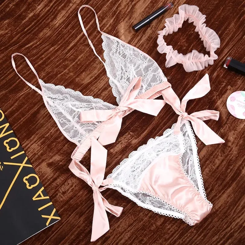 Lingerie sexy francesa renda babados sem fio sutiã e calcinha com liga conjunto de roupa íntima tentação transparente conjunto de sutiã ultrafino