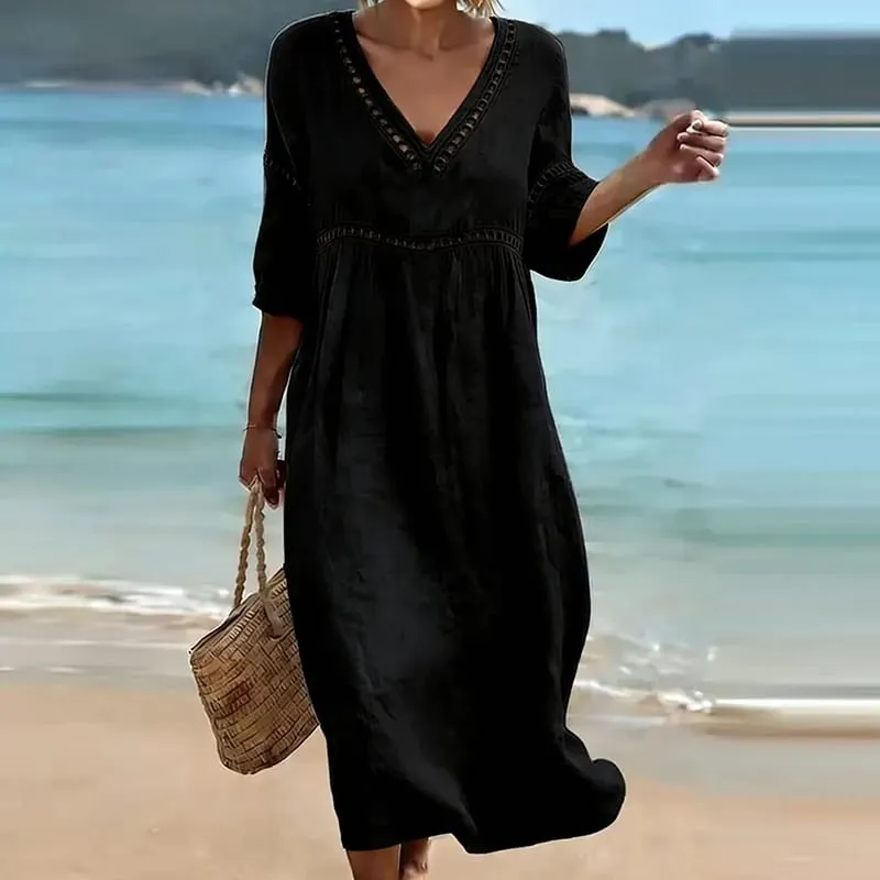 Summer V Neck Half Sleeve Loose Beach Holiday Dress Women Casual Hollow Out Design Solid Color A-line Midi Dress Boho — image 9