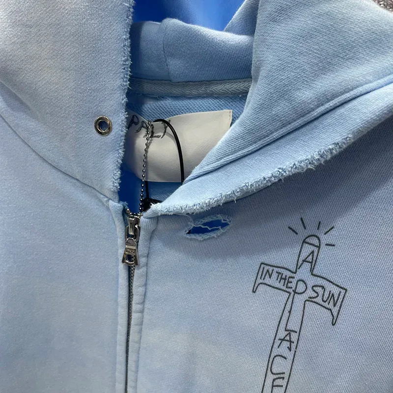 Washed Blue PALY Hoodies Men Woman Vintage Damaged Hole Old Casual High Quality Hip Hop Fashion Zipper Sweatshirts — image 24