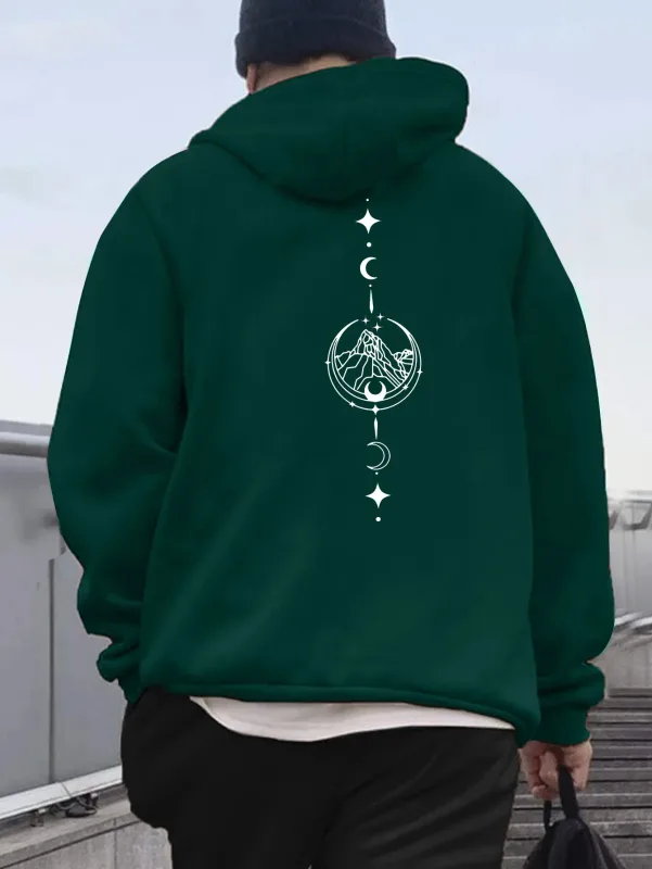 Men Celestial Mountain Back Print Hoodie Moon Star Vertical Line Art Graphic Hooded Sweatshirt Casual Outdoor Streetwear Kangaro