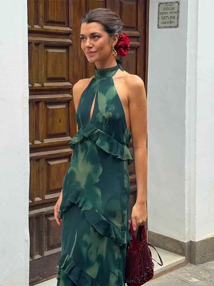 Floral impressão halter pescoço recorte maxi vestido em camadas plissado sem mangas 2026 verão feminino vestido de férias moda boho senhora vestido — image 4