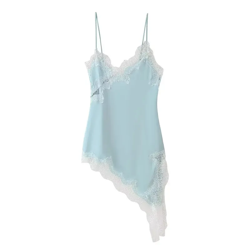 Vestido de cetim marrom com emenda de renda, elegante, bainha irregular, decote em v, costas nuas, sem mangas, vestido chique para mulheres, festa em clube — image 7