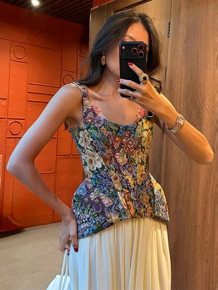 Elegant and Sexy Retro Printed Camisole Tight Corset Women's Backless Zipper Sleeveless Slim Fit High Street Party Vacation Top