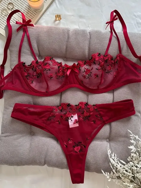 Lingerie feminina noite linda sexy feminina 2 peças floral bordado roupa interior lingerie erótica conjunto conjuntos de mujer — image 8