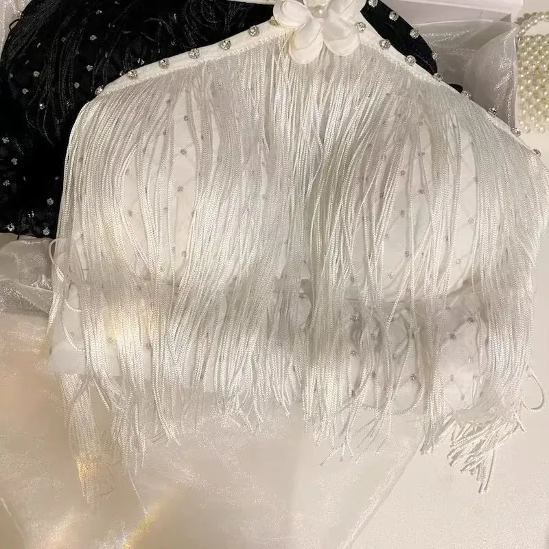 Decorative Halter Top with Padded Cups Long Tassel Pearl Sparkling Diamond Retro Millennial Style Sexy Halter — image 6