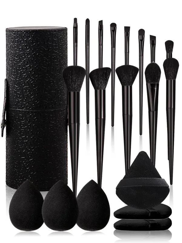 Black 20-Piece Makeup Tool Set: 13 Makeup Brushes +3 Pieces of Beauty Eggs +3 Pieces of Powder Puff +1 Piece of Storage Bucket