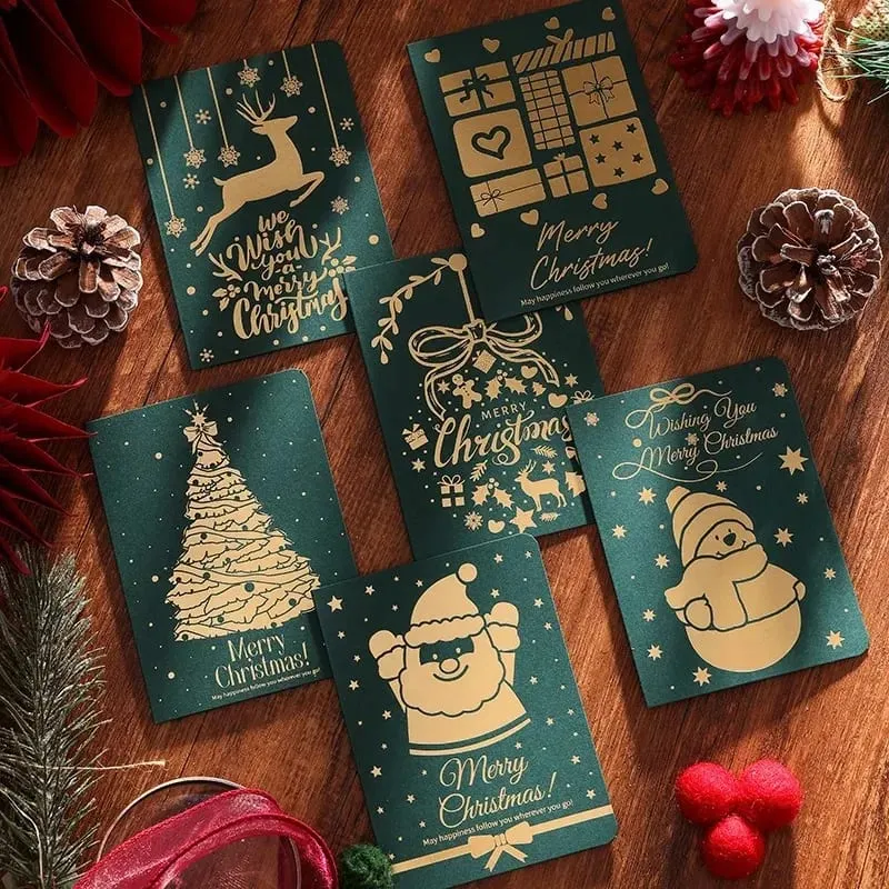 10Pcs Vintage Gold Foil Christmas Folding Greeting Cards Multi Pattern Blessing Holiday Cards New Year Postcard Gift Cards — image 3