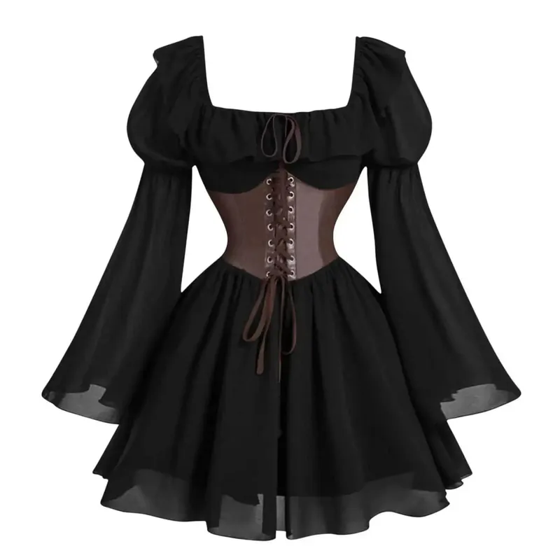 Renaissance Period Medieval New Long Sleeved Women's Bubble Sleeve Dress Halloween Fashion Retro New Party Waist Cinched Skirt — image 9