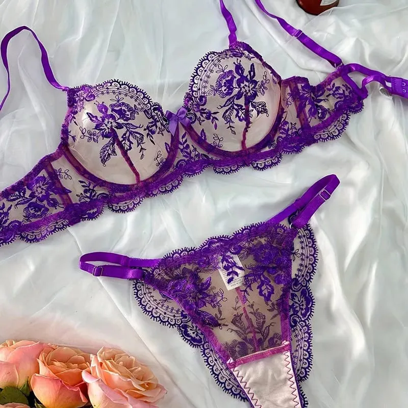 Lace Embroidery Ultra Thin Cup Bra Set Sheer Mesh Sleepwear for Big Bust Women S-XL Push Up Hot Sale 2026 32-38 S-XL Bra Set — image 20