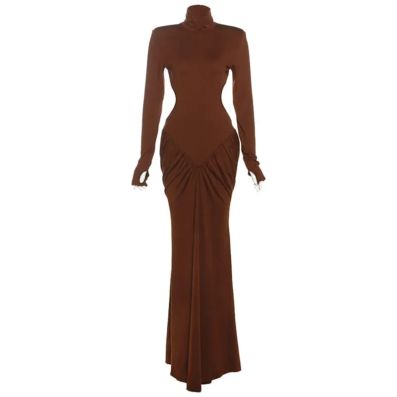Weird Puss Backless Maxi Dress Women Shoulder Pads Long Sleeve Waistless Peach Buttocks Ruched Elegant Banquet Skinny Vestidos