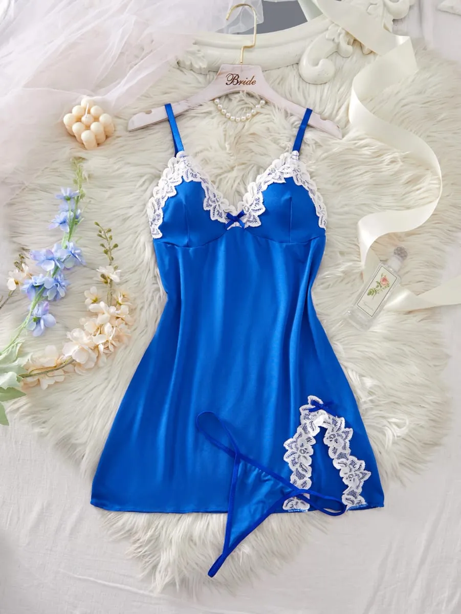 Conjunto de lingerie feminina, camisola de renda, roupa de dormir sólida, slim, macia, roupa de dormir e tanga — image 5