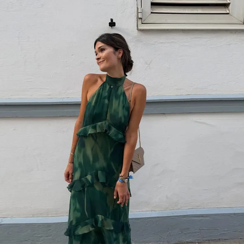 Floral impressão halter pescoço recorte maxi vestido em camadas plissado sem mangas 2026 verão feminino vestido de férias moda boho senhora vestido