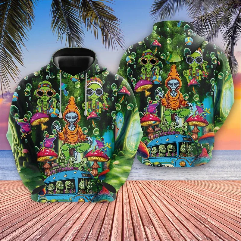 Harajuku Fashion Alien Graphic Sweatshirts Trippy Mushroom Y2k Hoodies For Men Clothes Cartoon Boy Pullovers Hip Hop UFO Hoody — image 7