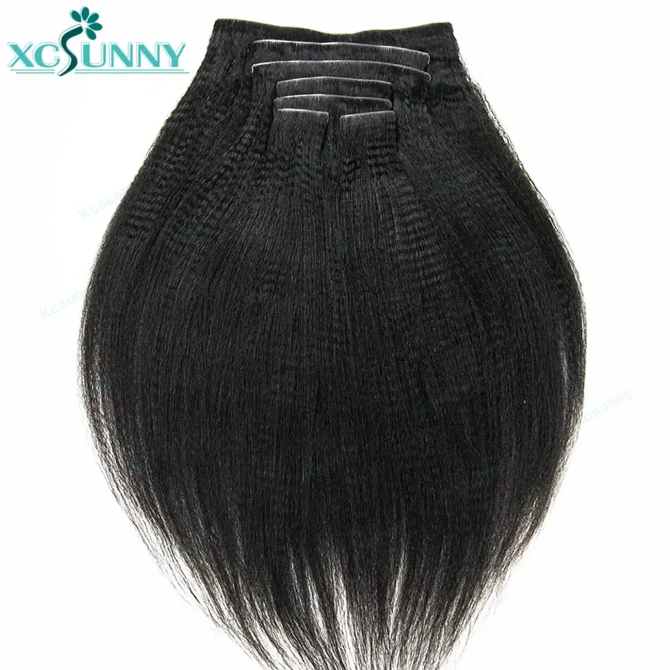 Invisable Edge Clip Ins Human Hair Extensions Yaki Straight Injected PU Tape Weft Clip In Hair Extensions 7Pcs/set Clip on Hair — image 2