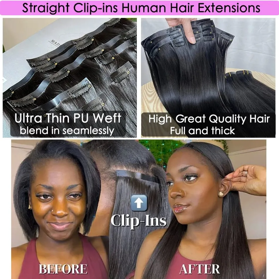 Raw Unprocessed 100g 7Pcs/Set Seamless Clips in #1B Natural Color Human Hair Extensions Long PU Weft Invisible Straight Hair — image 4