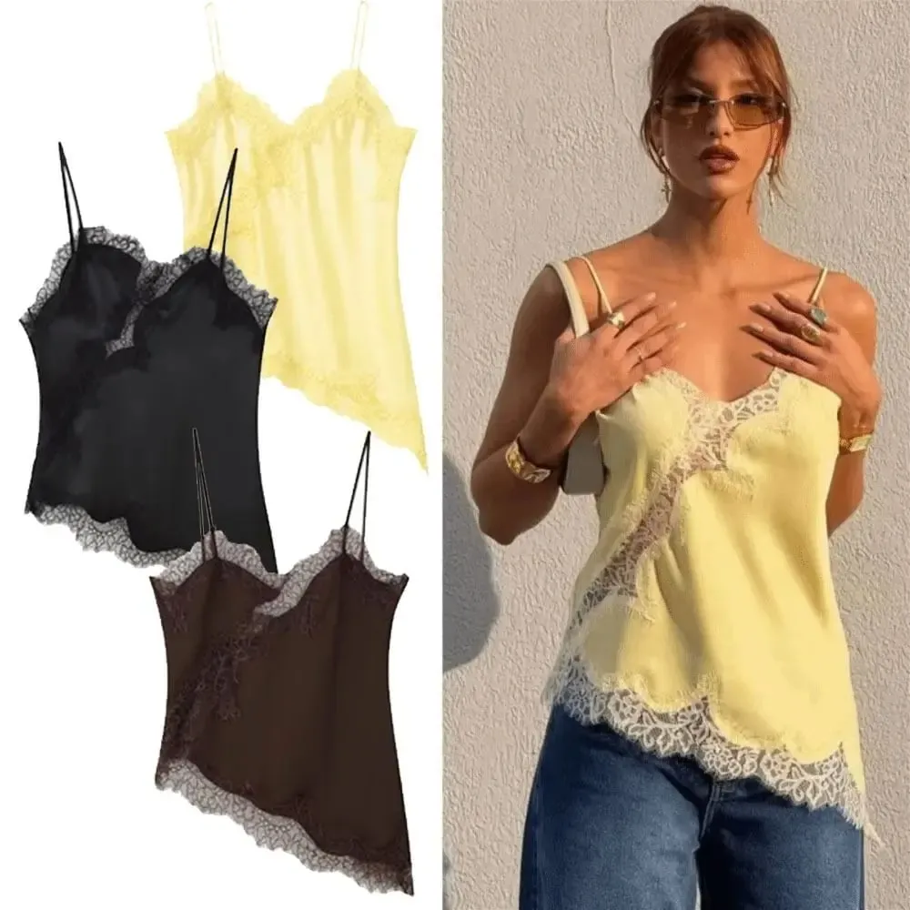 Elegant asymmetrisk spets spets patchwork topp ärmlös rygglös camisole toppar V-hals Sexig spets dam linne sommarkläder