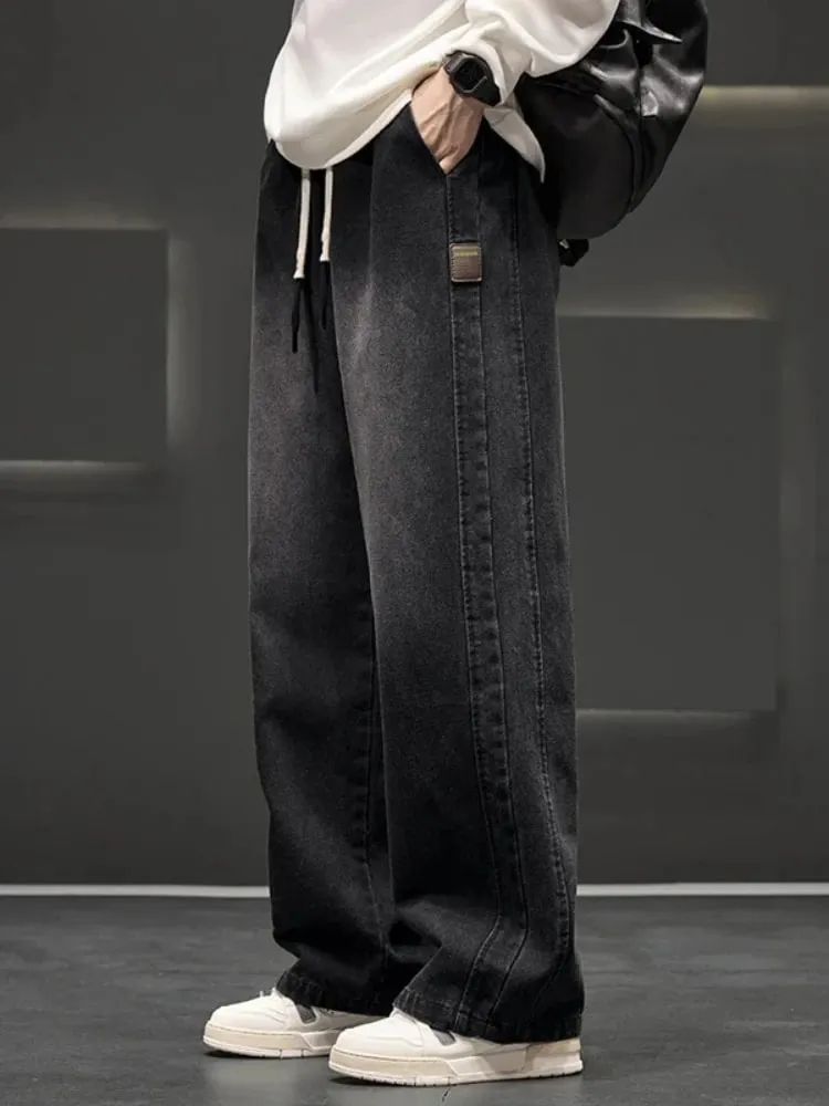 Spring New Wide Jeans Men Straight Vintage Drawstring Trousers Loose Pants Casual Solid Color Fashion Pants Big Size — image 3