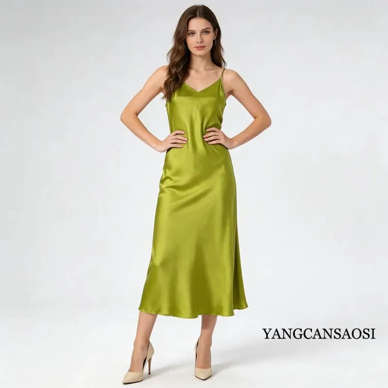 2026 Pambabaeng Fashion Bagong 21MM 100% Natural Mulberry Silk Plain Satin Extended French Sexy Adjustable Shoulder Strap Solid Dress — image 6