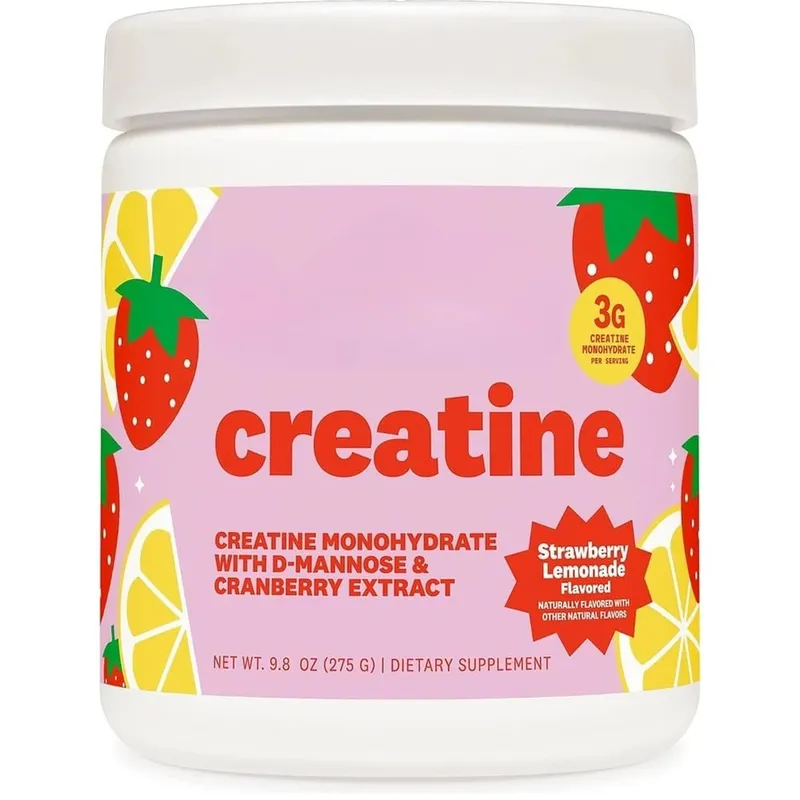 Creatine Monohydrate Powder Supplement 3g Serving Vegan Formula Strawberry Lemonade Flavor Zero Sugar for Active Lifestyle