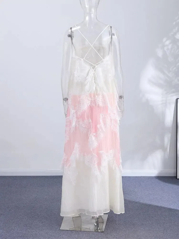 Lace Spaghetti Strap Puffy Dresses Women's Slim Sleeveless Backless Floor-length Dress 2026 New Ladies Summer Vacation Outfit — image 6