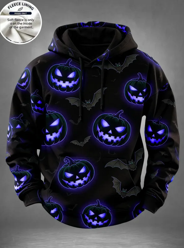 English: Halloween Haunted House Ghost Pumpkin Bat Print Hoodie Men Fleece Lined POD Sweatshirt Casual Long Sleeve Pullover — image 8