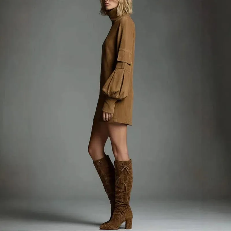 Autumn Retro Solid Suede Mini Short Dresses Sexy Turtleneck Slim Woman Pullover Dress Winter Long Sleeve Pockets Female Clothing