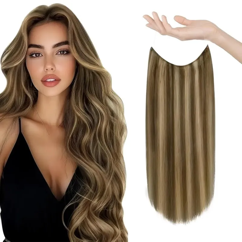 Invisible Halo Hair Extensions Real Human Hair Fish Wire Adjustable Band Secret Clip-in Extension for Women Chocolate Brown — image 12