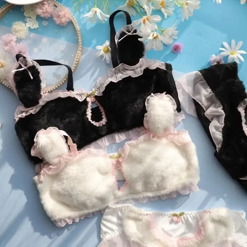 Women Cartoon Rabbit Ears Lingerie Furry Plush Cutout Bra and Panty Underwear Set