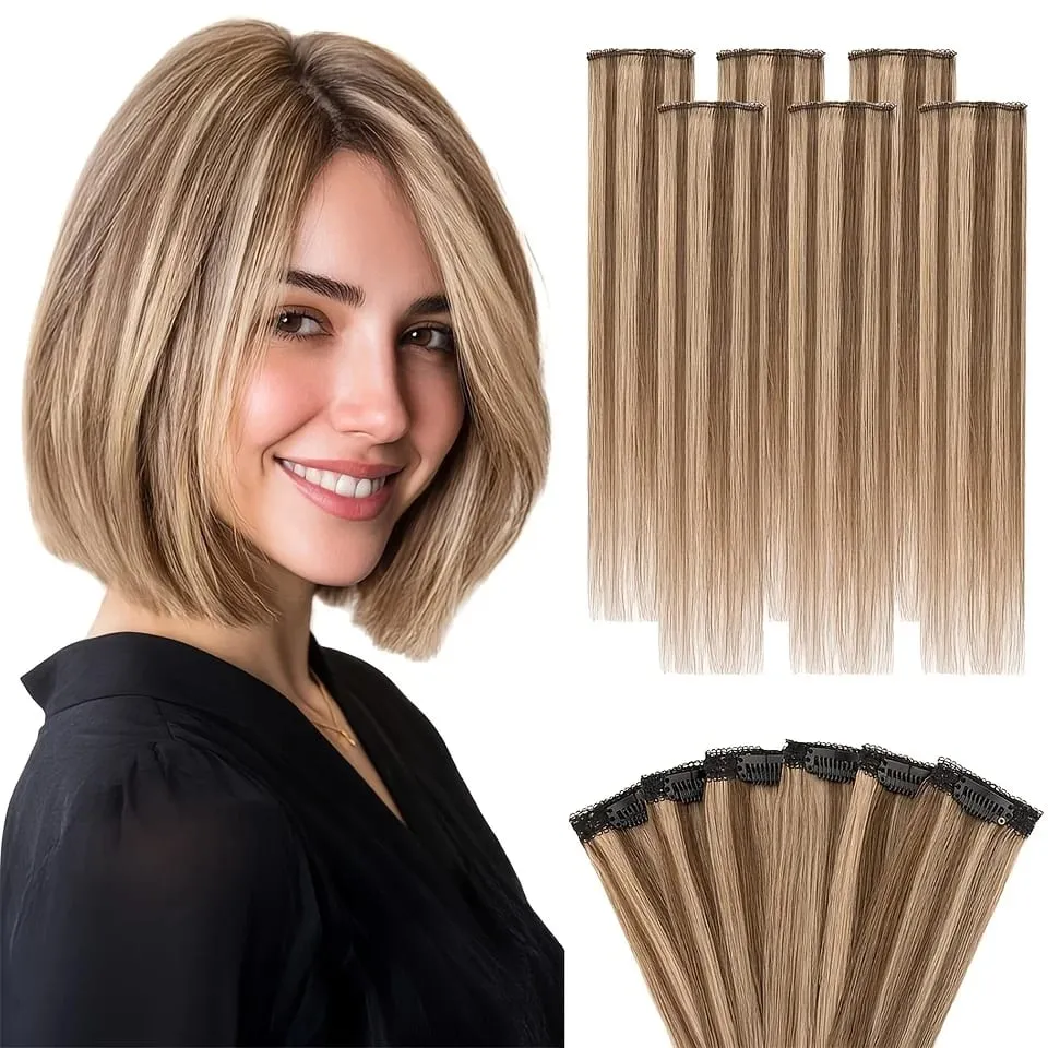 Straight Clip In Hair Extensions Synthetic 6Pcs Highlight Clip On Hair Pieces Thin For Women Short Bob Hairstyle Daily — image 2