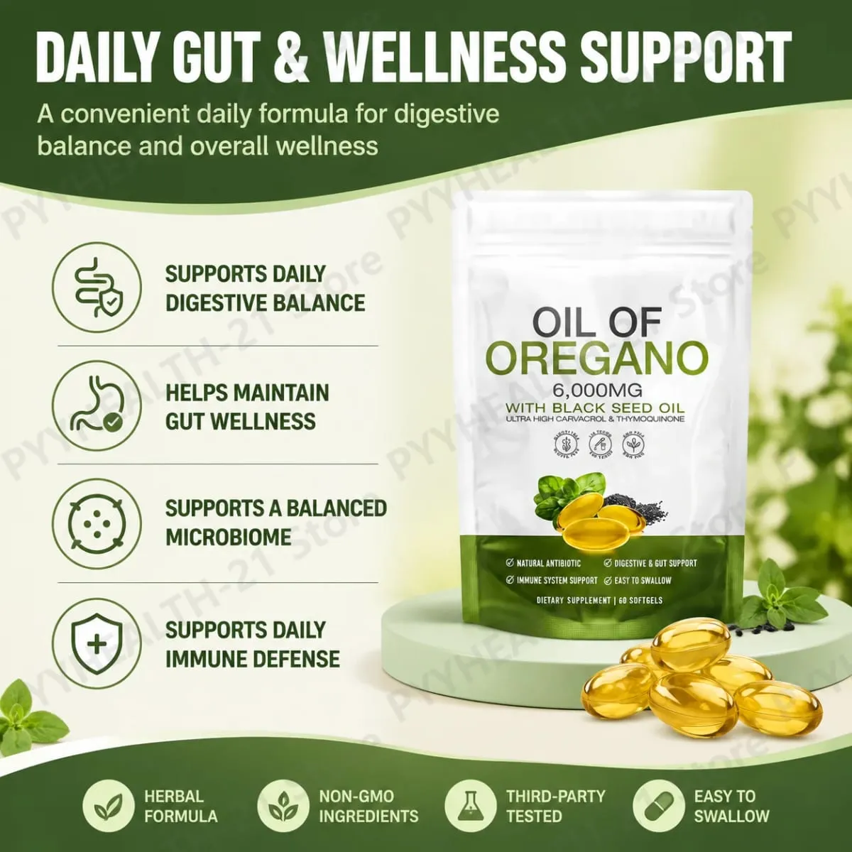 Oil of Oregano 6000mg Black Seed Oil Softgels Supports Daily Immune Defense Digestive Balance Herbal Formula Non GMO 60 Count — image 2