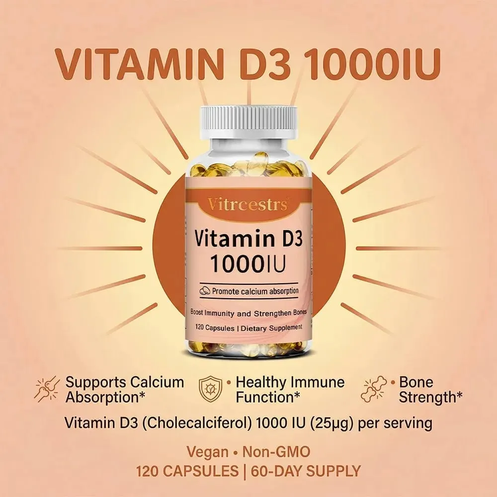 Vitamin D3 1000iu til immunstøtte Sund muskelfunktion og knoglesundhed - Ikke-GMO glutenfri 120 grøntsagskapsler — image 6