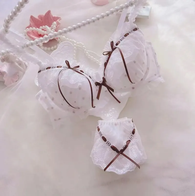 Napakagandang damit-panloob na nalulusaw sa tubig ribbons polka tuldok manipis na tasa estilo ng kolehiyo estudyante batang babae cute na natipon sexy underwear bra