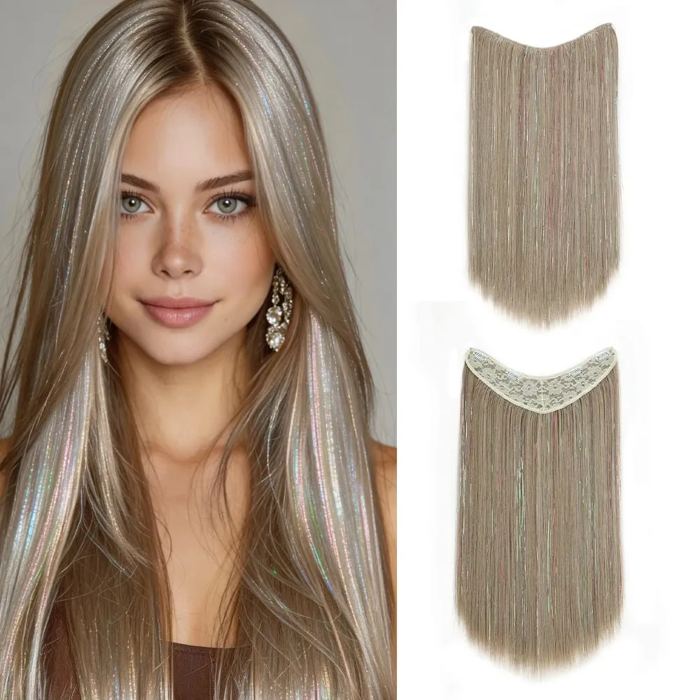 24Inch Long Straight Synthetic Clip‑in Hair Extensions Glitter Laser Tinsel Hair High‑Temp Fiber Shiny Hairpiece for Women Daily