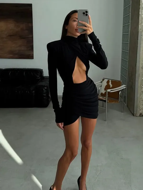 Solid na Single-breasted A-line na Mini Dress 2026 Elegant Women's V Collar Full Sleeve High Waist Vestidos Lady Commute Street Gowns — image 13