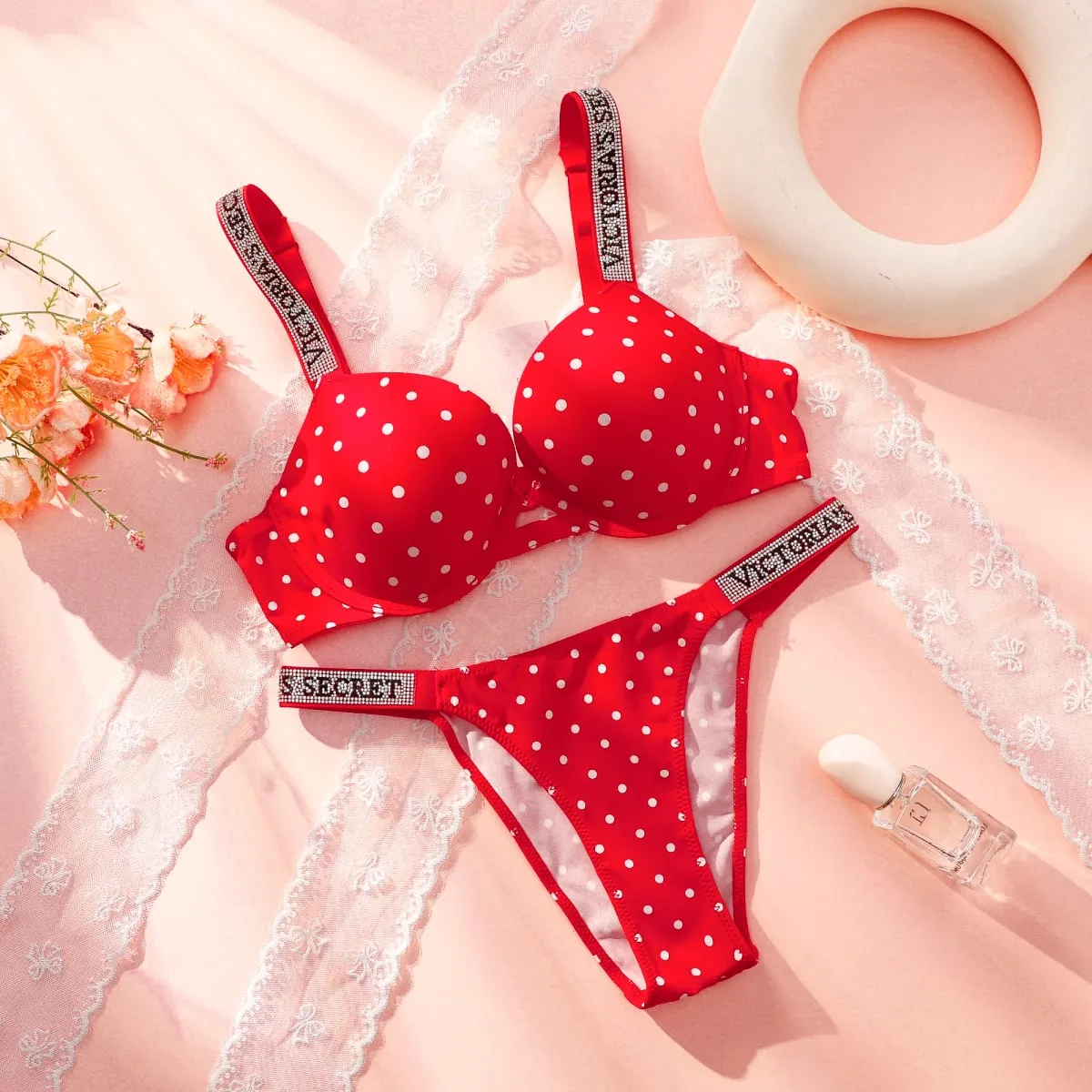 Victoria secret lingerie sexy pijamas plus size confortável luxo novas mulheres bolinhas rendas push up sutiã e calcinha conjunto — image 4