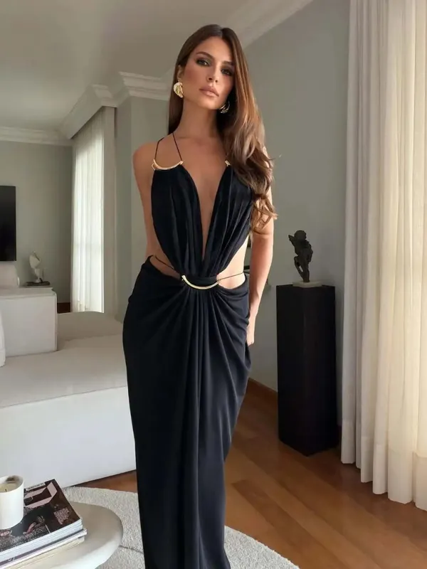 Solid Color Spaghetti Strap Sleeveless Maxi Gown Women Sexy Deep V Cutout Waist Ruched Evening Dress Summer Elegant Party Wear — image 10