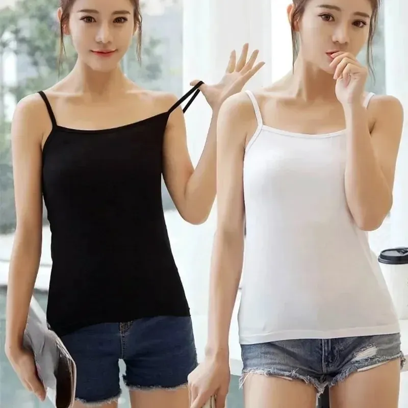 Women's Solid Color Spaghetti Straps Sleeveless Slim Camisole with Chest Pad Cotton Summer Wear Outside Female Short Tops Vests — image 5