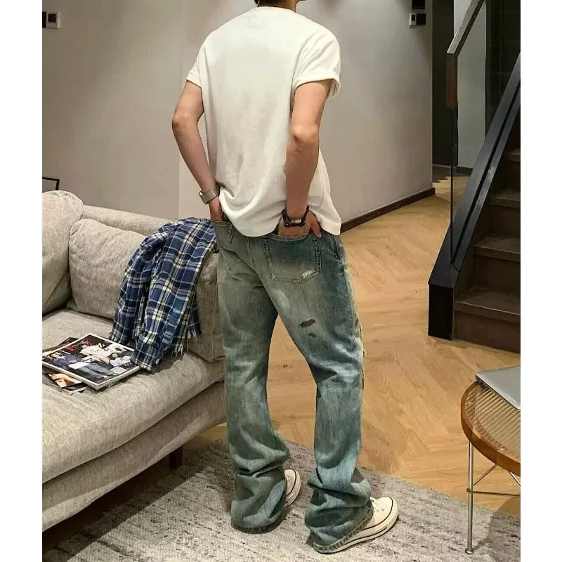 Men's Jeans High Street Vintage Distressed Ripped Faded Man Pants Blue Straight Denim Trousers Embroidery Design Bootcut